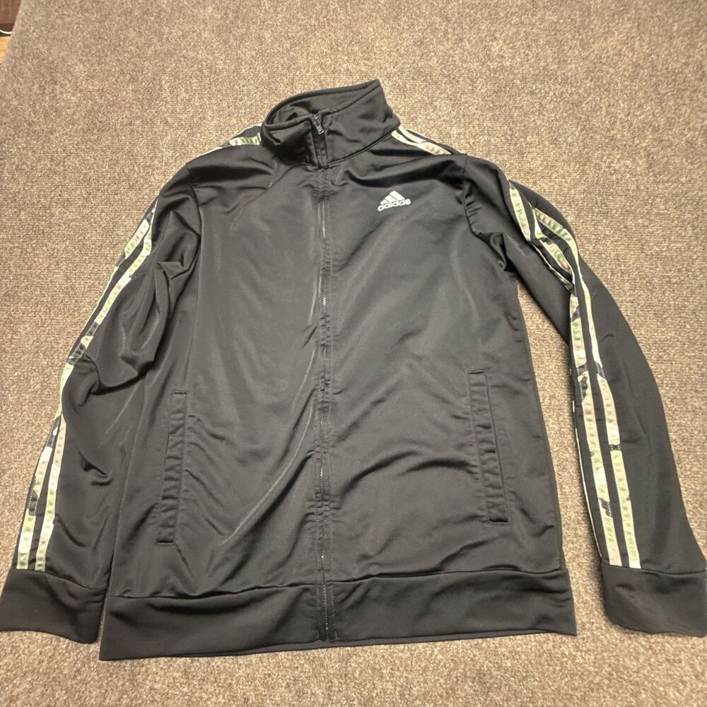 Boys XL Adidas Track Jacket Black W/ Camo Full Zip 3 Stripe Athletic Youth XL